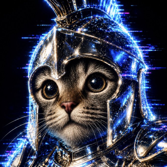 A close-up digital artwork of a tabby cat wearing an ornate, glowing metallic knight's helmet against a dark background with blue cosmic lighting effects.