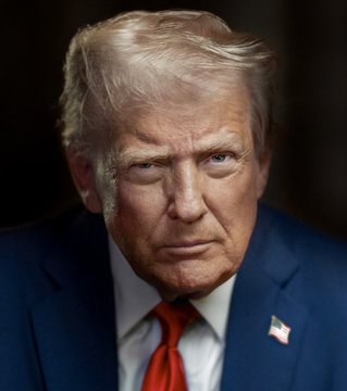 A serious-looking Donald Trump in a dark blue suit with a red tie and American flag pin glares at the camera, his stern expression conveying the confrontational tone of his just-released remarks where he labeled Canada as a worse trade partner than China.