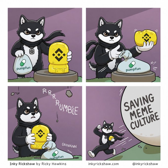 A four-panel comic titled 'Inky Rickshaw by Ricky Hawkins' shows a black and white dog character rescuing a yellow Binance coin from a 'pumpfun' bag, ending with the dog running away exclaiming 'SAVING MEME CULTURE'.