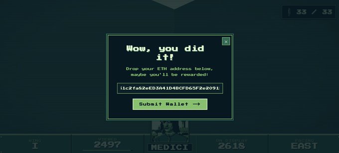 A retro-style video game screen with pixelated text saying 'Wow, you did it! Drop your ETH address below, maybe you'll be rewarded!' above an input field containing an alphanumeric wallet address and a 'Submit Wallet' button.