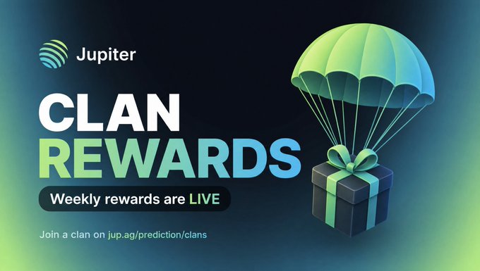 A promotional banner for Jupiter announcing 'CLAN REWARDS' with 'Weekly rewards are LIVE,' featuring a 3D illustration of a gift box descending via a green and blue parachute.