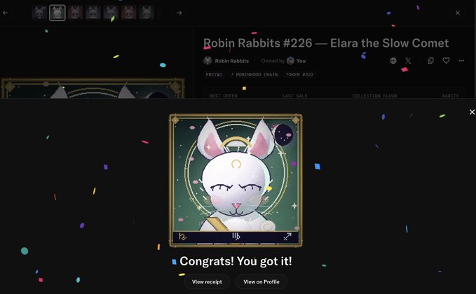 An NFT marketplace screenshot showing a successful purchase of 'Robin Rabbits #226 — Elara the Slow Comet' with confetti and 'Congrats! You got it!' message.
