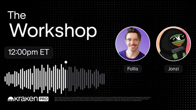 Promotional graphic for "The Workshop" at 12:00pm ET, featuring hosts Follis (shown with a photo) and Jonzi (depicted as a cartoon frog in a hoodie), with a Kraken Pro logo and audio waveform design on a black background, advertising the new show focused on trader insights and strategy.