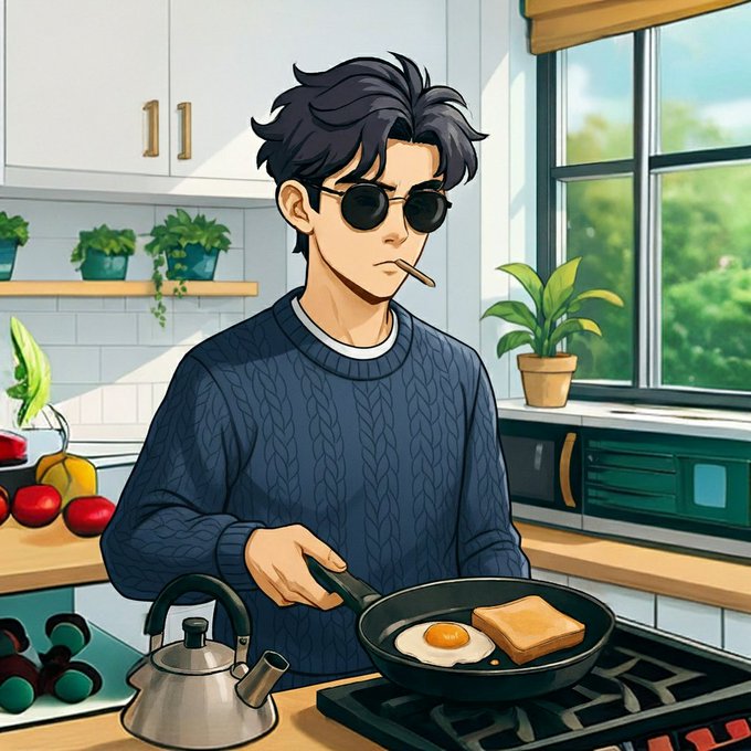 Anime-style illustration of a young man wearing sunglasses and a blue sweater cooking eggs and toast in a bright kitchen.
