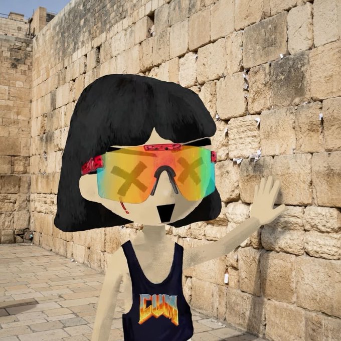 A cartoon avatar of a girl with black hair and reflective X-marked sunglasses stands in front of an ancient stone wall, wearing a navy tank top with "CUM" in fiery text. The image seems to playfully illustrate the post's question about how a meme coin account (referencing "CUM" in the shirt) might get engagement from Solana via Pumpfun.