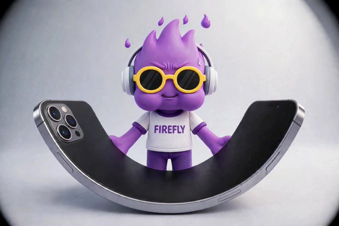 A 3D rendering shows a purple flame-like character wearing yellow sunglasses, white headphones, and a white shirt reading 'FIREFLY', appearing to climb out of a curved black smartphone screen.