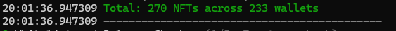 A screen displays the contract address "20:0Xb3E5c9417399" in green text, showing "Total: 276 NFTs across 233 wallets," with a loading progress bar beneath, illustrating the accumulation of over 200 NFT mints referenced in the post.