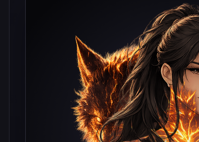 A detailed digital artwork shows the partial face and dark flowing hair of a character with glowing orange, fox-like ears against a black background.