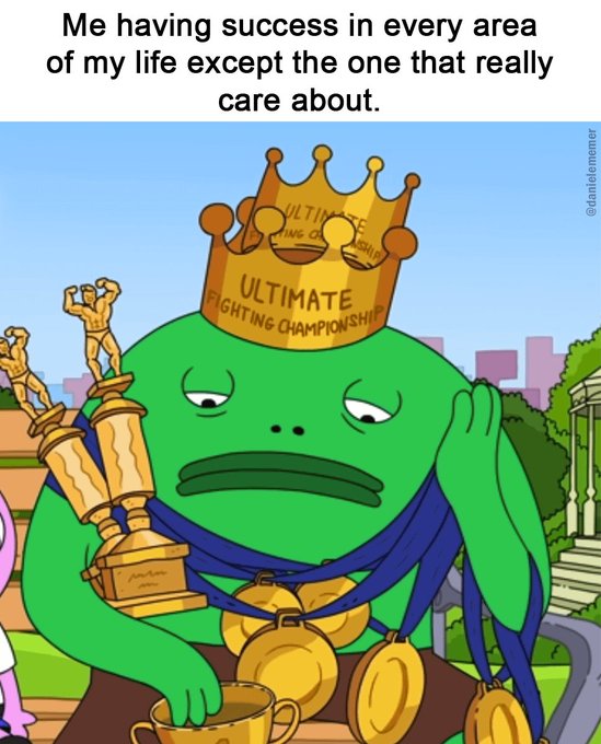 A meme featuring a sad cartoon frog with a crown reading 'ULTIMATE FIGHTING CHAMPIONSHIP' and medals, captioned 'Me having success in every area of my life except the one that really care about.'