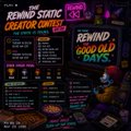 A 'Reminders' app interface with sections for 'STATIC CREATOR TOOL', 'UPDATED CUSTOM PRESETS', 'REMIND TO EDIT VIDEOS', and 'GOOD OLD DAYS' displayed on a purple-themed background.