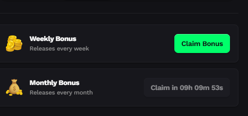 A dark-themed rewards dashboard displays a "Weekly Bonus" option with an active green "Claim Bonus" button and a "Monthly Bonus" with a countdown timer showing "Claim in 09H 09m 53s." The image visually represents the bonus claim system being promoted in the accompanying tweet about doubled weekly and monthly rewards.