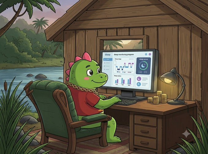 A cartoon illustration of a green dinosaur wearing a gold chain and red shirt, sitting at a desk using a computer displaying a 'Sleep monitoring program' with charts and a 'sleep score'.