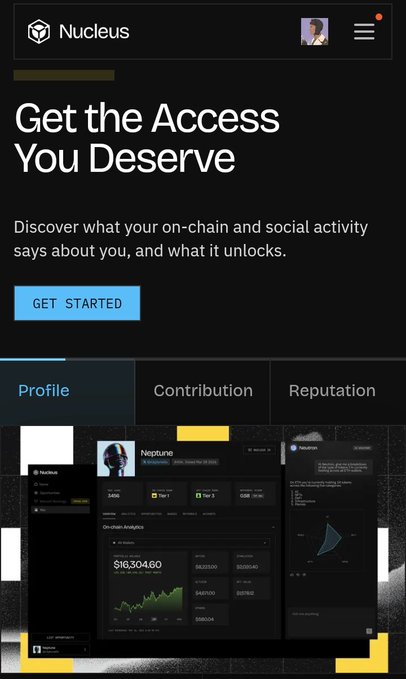 A promotional screenshot for 'Nucleus' with the headline 'Get the Access You Deserve,' inviting users to discover insights from their on-chain and social activity, displaying a sample Profile dashboard for 'Neptune'.