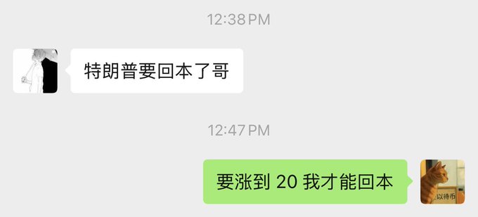 A chat conversation where a friend warns "特朗普要回本了哥" (Trump is about to break even, bro), and the reply states "要涨到 20 我才能回本" (It needs to hit 20 for me to break even), referencing a Solana meme token needing to double in price to recover their investment.