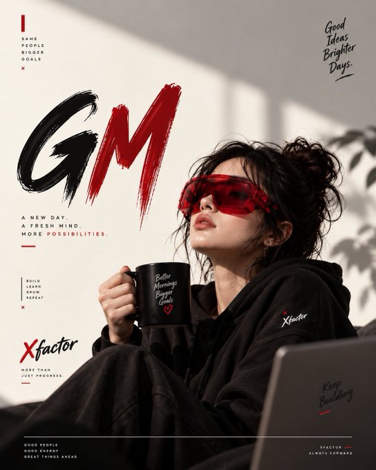 A promotional poster for 'Xfactor' features a woman in red sunglasses holding a coffee mug that reads 'Better Mornings Bigger Goals', surrounded by text like 'GM', 'A NEW DAY. A FRESH MIND.', and 'Good Ideas Brighter Days.'