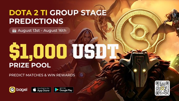 A promotional graphic for DOTA 2 TI Group Stage Predictions featuring the dates August 13th - August 16th, a $1,000 USDT prize pool, and the Bagel app available on iOS and Android, set against artwork of Dota 2 heroes including what appears to be Juggernaut holding the Aegis.