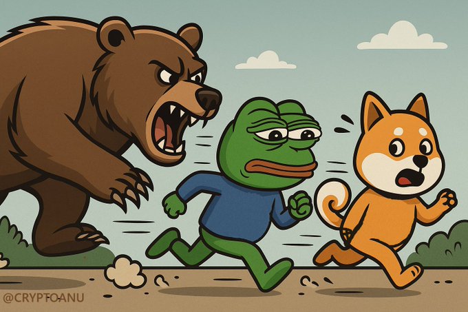A cartoon illustration shows a fierce brown bear chasing a nervous green Pepe frog and a frightened orange Shiba Inu dog, with the text "@CRYPTOANU" visible in the bottom left corner, depicting the bearish market sentiment where meme coins like $PEPE and $SHIB are fleeing from the ongoing crypto crash.