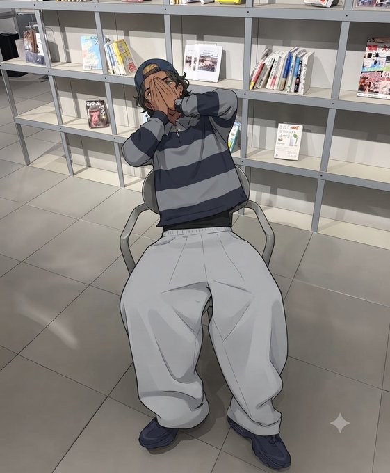 A sleepy anime boy in a striped shirt and cap sits slumped in a chair covering his face in exhaustion, in what appears to be a library with mostly empty bookshelves—perfectly capturing the "good morning frens" mood of reluctantly waking up.