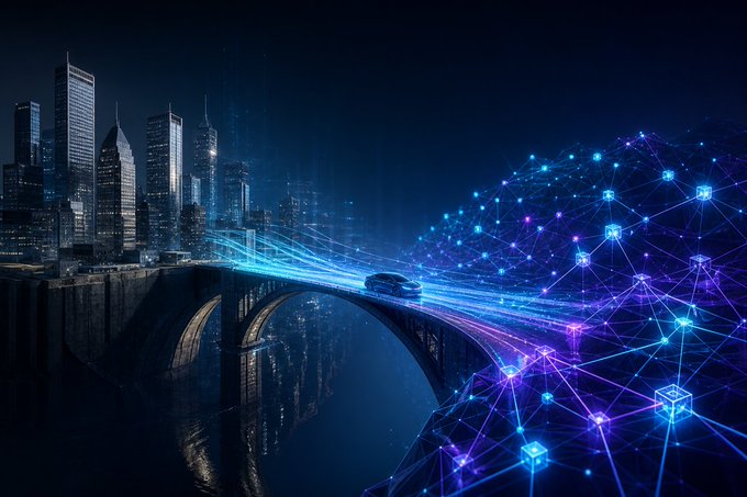 A futuristic digital illustration shows a car driving across a bridge at night in a city skyline, with glowing blue and purple network nodes and data lines streaming from the vehicle, symbolizing connectivity.