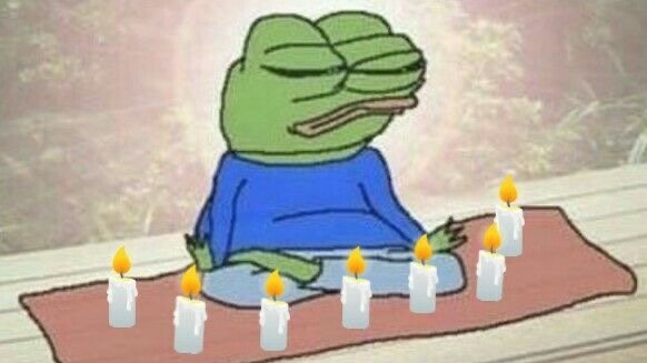 A serene Pepe the Frog meditates cross-legged on a yoga mat, surrounded by lit candles in a peaceful, enlightened pose—symbolizing the hopeful wish for a local top forming before further price movement.