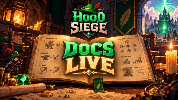 A medieval-style fantasy graphic displays "HOOD SIEGE" at the top above an open spellbook featuring "DOCS LIVE" in green and gold lettering, with surrounding gameplay elements like "GAMEPLAY," "FORGE," "MERGE," and "PROGRESSION" labeled on the pages. The image serves as a visual warning that potential $SIEGE token investors should await the official contract address announcement before purchasing, as fake tokens and impersonators may circulate prior to launch.