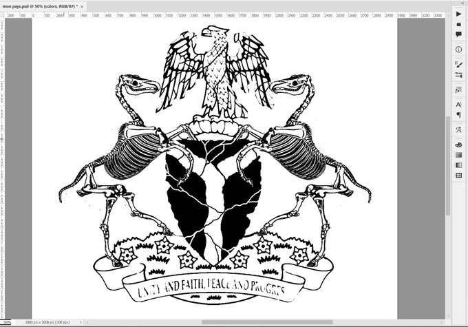 A Photoshop screenshot displaying a black and white vector coat of arms design with a central eagle, flanked by two skeletal dinosaur-like creatures, a cracked heart at the bottom, and a banner reading 'EN71 AND FAITH, PEACE AND PROGRESS' (appears to be referencing Psalm 85:10).