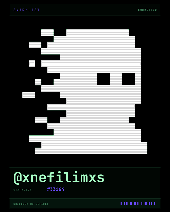 A pixel art 'SNARKLIST' card displaying a black and white skull-like face, marked as 'SUBMITTED' with the handle '@xnefilimxs', snarklist number '#33164', and 'SHIELDED BY DEFAULT' text.
