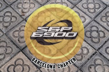 A graphic displaying the text 'SEP B900' and 'BARCELONA CHAPTER' over a yellow circular design on a stone tile background.