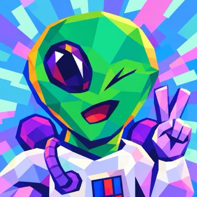 A vibrant, low-poly digital artwork of a green alien character in a white spacesuit making a peace sign against a colorful, geometric background.