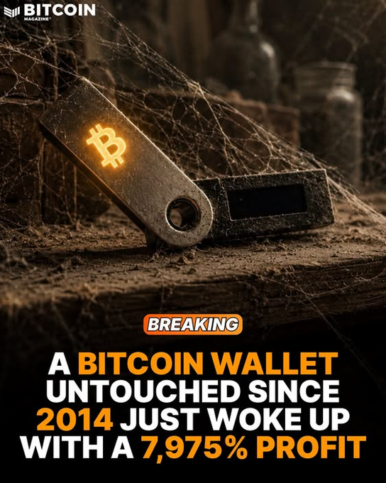 A Bitcoin Magazine graphic with a rustic wallet image displays the breaking news headline: 'A BITCOIN WALLET UNTOUCHED SINCE 2014 JUST WOKE UP WITH A 7,975% PROFIT'.