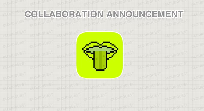 A pixelated green broccoli or tree icon sits centered on a white grid background beneath bold black text reading "COLLABORATION ANNOUNCEMENT," promoting Cloud Quest's partnership with @SexyHoodNFT for a free mint of 2,222 hand-drawn NFTs on the Robinhood chain.