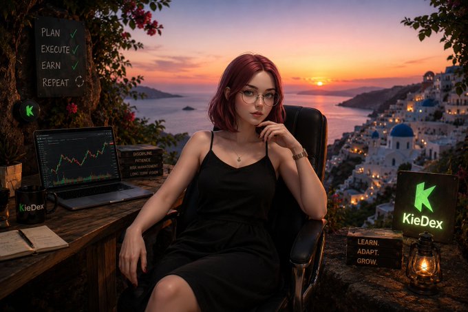 A digital artwork featuring a red-haired woman with glasses sitting at a desk with a trading chart laptop, branded with 'KieDex' logos and motivational text like 'PLAN, EXECUTE, EARN, REPEAT' set against a sunset coastal landscape.