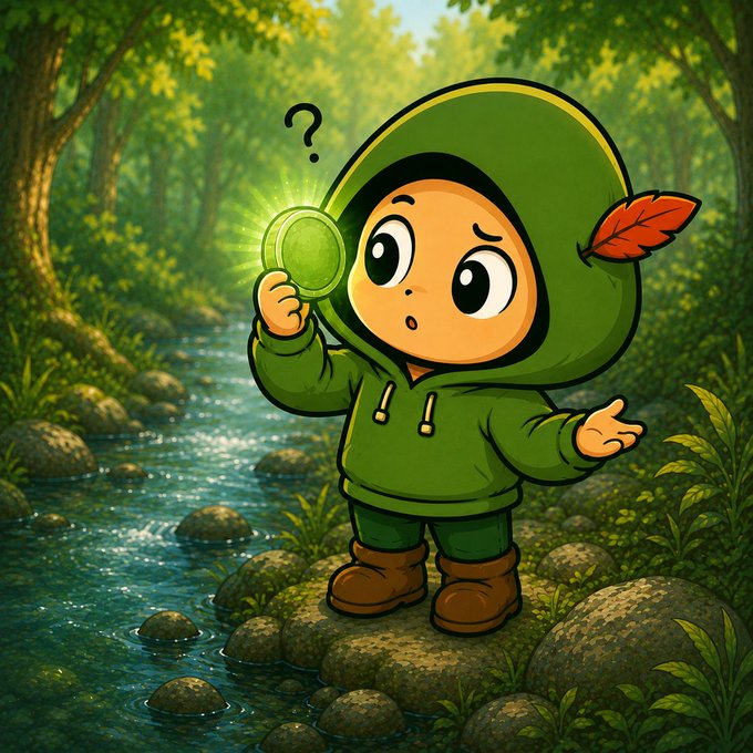 Cartoon illustration of a small character in a green hooded outfit with a red feather, standing by a stream and looking puzzled at a glowing green coin with a question mark above their head.