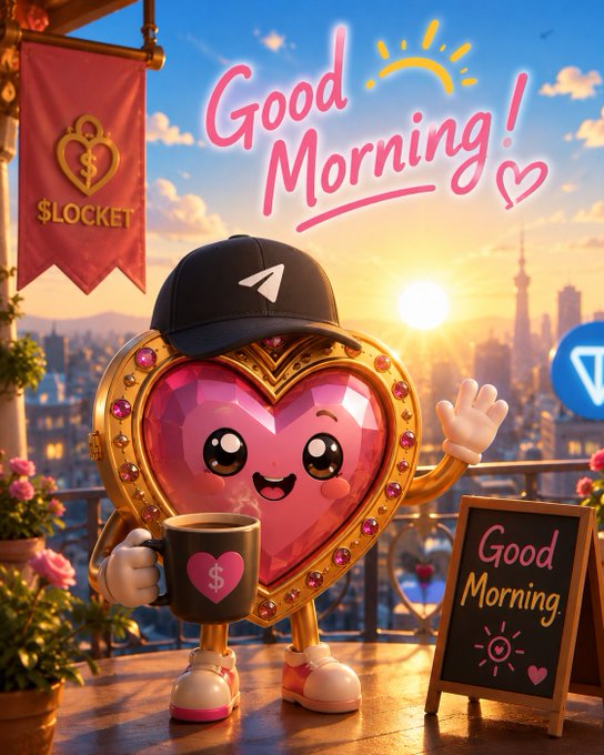 A cheerful 3D-rendered pink heart mascot wearing a black cap waves while holding a coffee mug, beside a 'Good Morning!' sign and a '$LOCKET' banner, with a city skyline and sunset behind it.