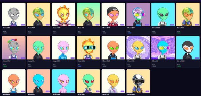 A grid of 23 NFT-style alien avatar profile pictures displayed in a gallery format.