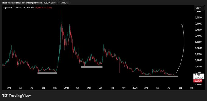 A TradingView candlestick chart for the Algorand/Tether (1Y) trading pair, showing price in USDT on the y-axis ranging from 0.0278 to 0.5500, with several horizontal support levels marked and a curved arrow indicating a potential future price increase.