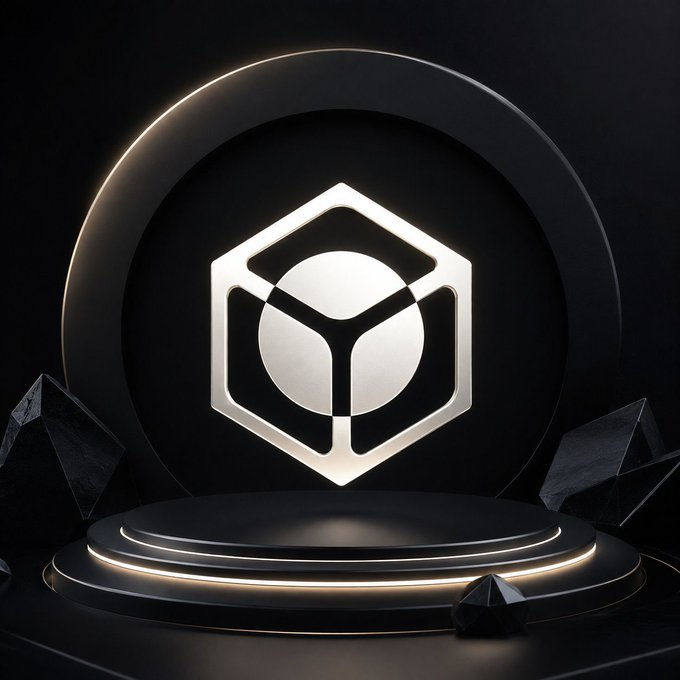 A stylized 3D graphic featuring a silver Crypto.com logo with a hexagonal cube design, displayed on a dark circular stage with illuminated edges and geometric shapes.