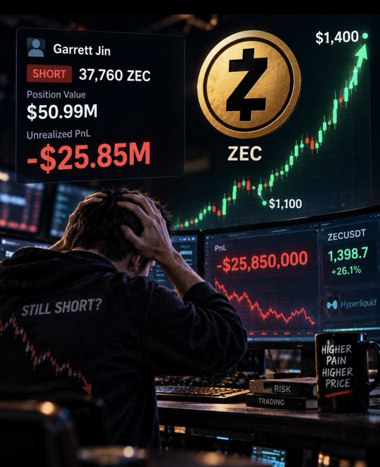 A dramatic image depicts a trader with his head in his hands watching a chart; overlays show 'Garrett Jin SHORT 37,760 ZEC' with a position value of $50.99M and an unrealized PnL of -$25.85M, alongside a 'ZECUSDT' price chart.