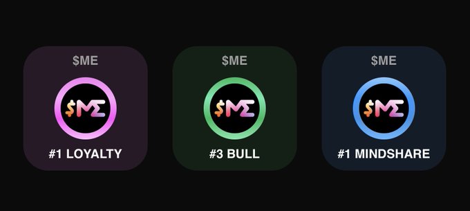 Three app icons displayed on a black background: purple '#1 LOYALTY', green '#3 BULL', and blue '#1 MINDSHARE', all labeled '$ME' and 'SME'.