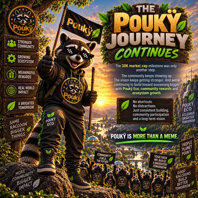 A promotional graphic titled 'THE POUKY JOURNEY CONTINUES' featuring an anthropomorphic raccoon holding a flag, celebrating a 30K market cap milestone.