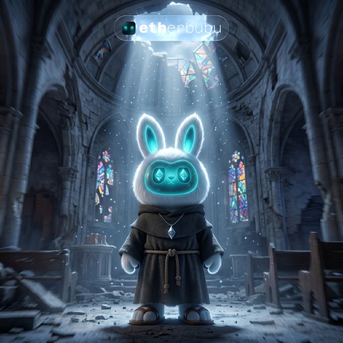 The image features a character dressed as a monk, standing in front of a church with stained glass windows. The monk has a blue robe and white shoes, giving them an ethereal appearance. They are positioned in front of a window that displays a blue sky and clouds, creating a serene atmosphere. The post about the meme holder is written above the image, indicating its connection to the creator or owner of the image.