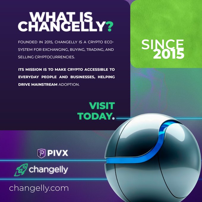 A promotional poster for Changelly cryptocurrency exchange service describes it as founded in 2015, with logos for PIVX and changelly.com, and a 'VISIT TODAY' call-to-action.