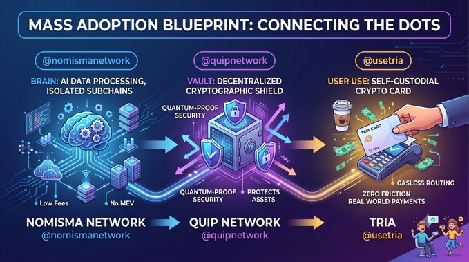 So, let's look at the image. It's a "Mass Adoption Blueprint" diagram. The key elements are the three main parts: @nomismanetwork (BRAIN: AI Data Processing, Isolated Subchains), @quipnetwork (VAULT: Decentralized Cryptographic Shield), and @usetria (USER USE: Self-Custodial Crypto Card). The flow connects these: Nomisma Network → Quip Network → TriA. The post mentions connecting dots between @useTria (TriA), @NomismaNetwork (Nomisma), and @quipnetwork (Quip). The image shows the flow solving bottlenecks, with Nomisma as the brain, building an L1 with isolated subchains. So the caption needs to be concise, 1-2 sentences, include key text. Let's check the text in the image: "MASS ADOPTION BLUEPRINT: CONNECTING THE DOTS", "@nom