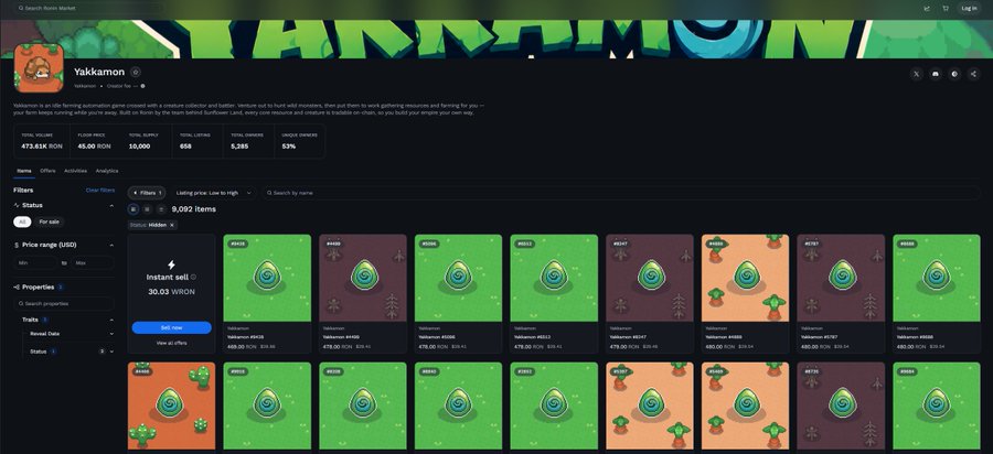 An NFT marketplace dashboard for 'Yakkamon' showing 'YAKKAMON' branding, a total volume of 473.61K RON, 45.00 RON floor price, and 10,000 total supply, with various trait-based NFT listings in a grid.