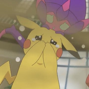 A screenshot from the Pokémon anime shows Pikachu crying with tears in its eyes and a concerned expression.