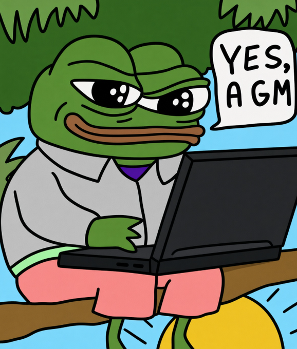 A Pepe the Frog cartoon sits on a branch wearing a button-up shirt and pink pants, typing on a laptop while responding "YES, AGM" in a speech bubble—mimicking eager job applicants jumping at an "Active Grower Meeting" like it's a recruiter message, fitting the post's joke about people "just browsing" job listings.
