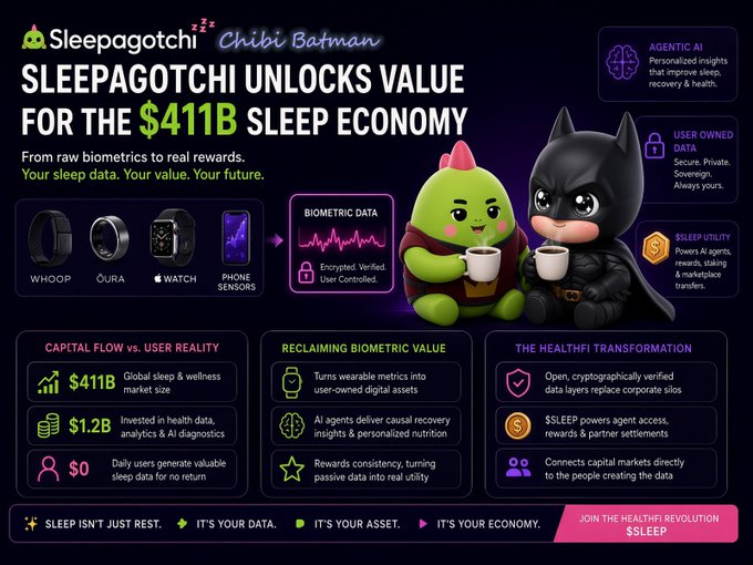 An infographic titled 'Sleepagotchi Chibi Batman' promoting the $411B sleep economy, featuring cartoon characters and text about biometric data, agentic AI, and user-owned data.