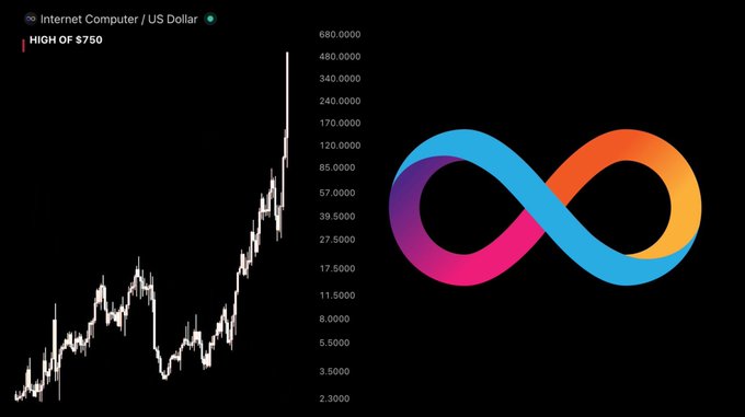 A financial chart titled 'Internet Computer / US Dollar' displaying a logarithmic price scale reaching a 'HIGH OF $750', accompanied by a colorful infinity symbol logo on a black background.