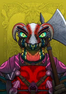A digital illustration of a fearsome anthropomorphic rat warrior with glowing yellow eyes, wearing purple armor and a red tunic, wielding a large double-bladed axe against a golden ornamental background.