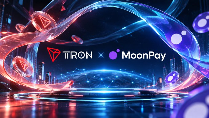 A promotional graphic for a TRON × MoonPay collaboration, featuring neon red and blue swirling designs and logos over a futuristic cityscape backdrop.